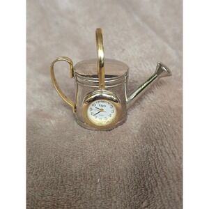Elgin Miniature Watering Can Desk Clock Silver Gold Tone Novelty Quartz Decor